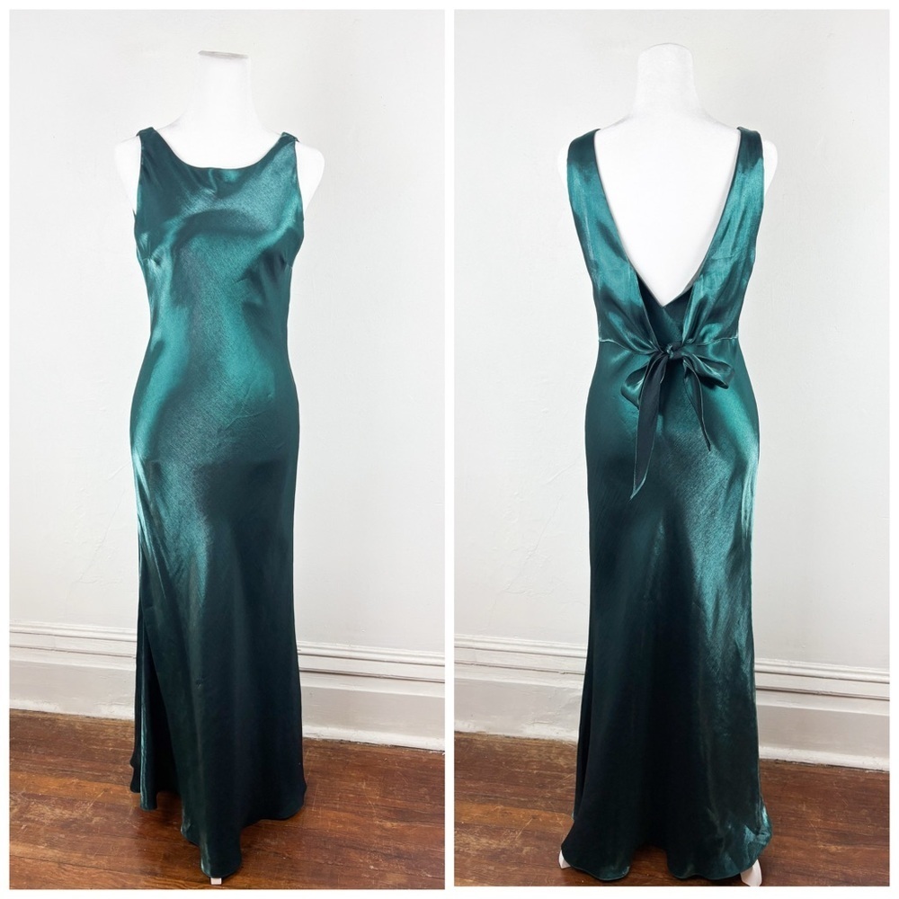 Vintage 80s/90s Hampton Nites Emerald Green Satin Low Back Maxi Dress Sz 8